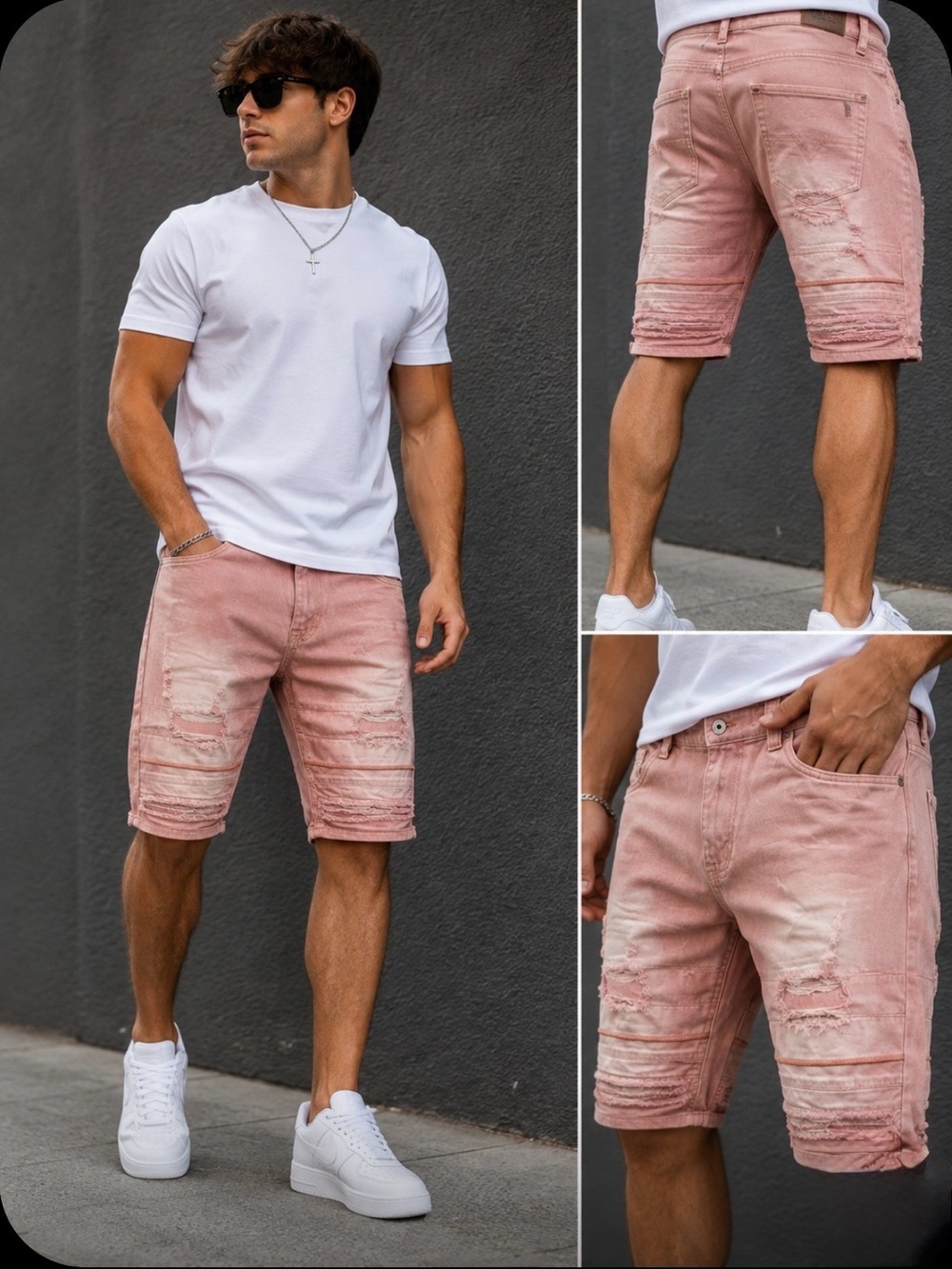 Smoke Rise NY Pink Distressed Moto Denim Shorts Mens 38 Streetwear Y2K Biker